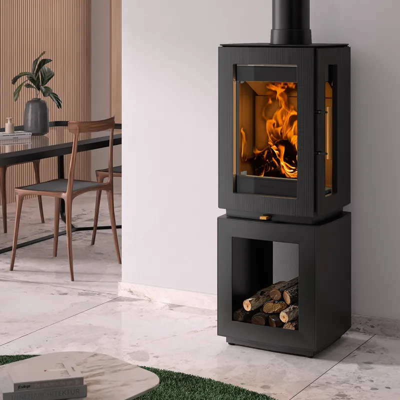 Hergom Glow Kaminofen Gusseisen Schwarz mit Holzlagerfach Wochenendangebot